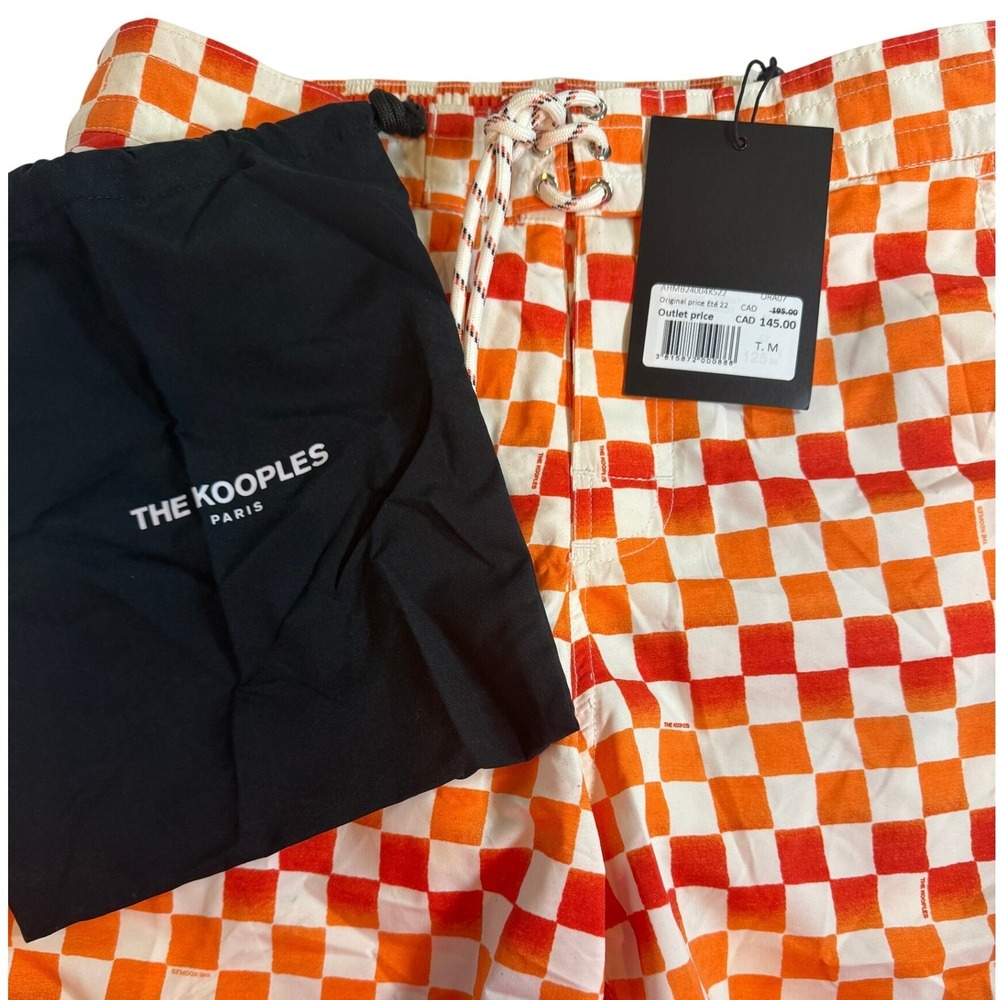 The Kooples Men Orange White Checkered Swim Trunks Lace Up Shorts Medium NWT